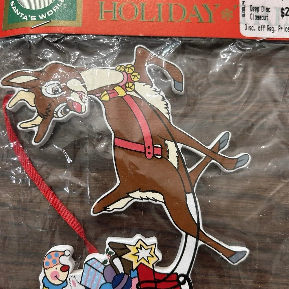 Vintage Kurt Adler Wood Christmas Ornament Rudolph Sleigh Toys NOS Santa's World